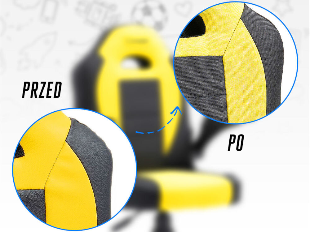 Fotel COBRA Junior Pro CRF2302 7.1T Żółto-czarny Porównanie dwóch zbliżeń na materiał fotela Cobra Junior PRO z opisami 'PRZED' i 'PO', wskazujące na zmianę wykończenia komfortowa tkanina przyjemna w dotyku faktura wsparcie wygody oddychanie skóry