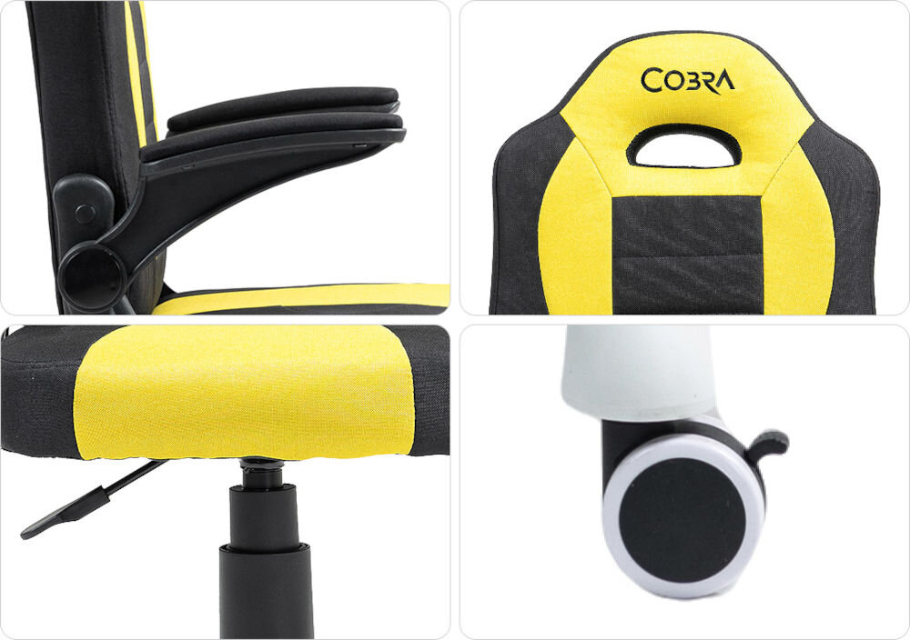 Fotel COBRA Junior Pro CRF2302 7.1T Żółto-czarny Kolaż czterech zdjęć: podłokietnik fotela gamingowego Cobra Junior (góra-lewo), logo Cobra na zagłówku (góra-prawo), element sterujący pod siedziskiem (dół-lewo) oraz plastikowe kółko (dół-prawo) niska waga krok do samodzielności dziecka plastikowe kółka płynne poruszanie się szybka zmiana pozycji