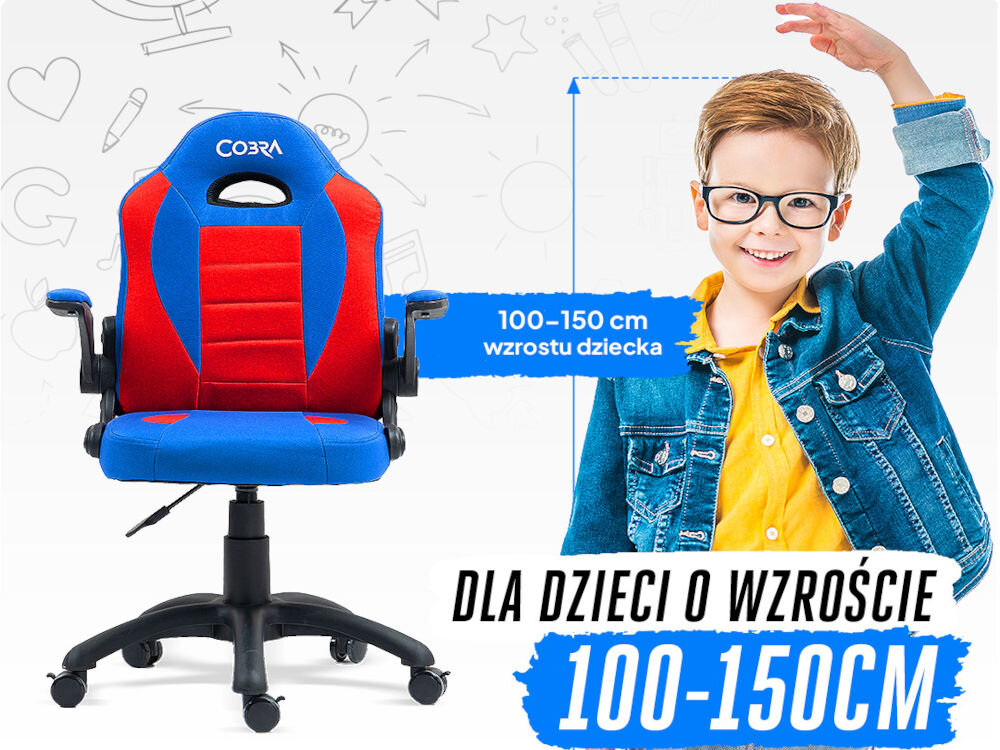 Fotel COBRA Junior Pro CRF2301 7.1T Czerwono-niebieski Chłopiec mierzący swój wzrost obok fotela gamingowego Cobra Junior PRO, z informacją '100-150 cm wzrostu dziecka' oraz napisem 'Dla dzieci o wzroście 100-150cm' wsparcie wygody dziecka regulacja wysokości siedziska zakres fotel rośnie z dzieckiem dopasowanie do wzrostu