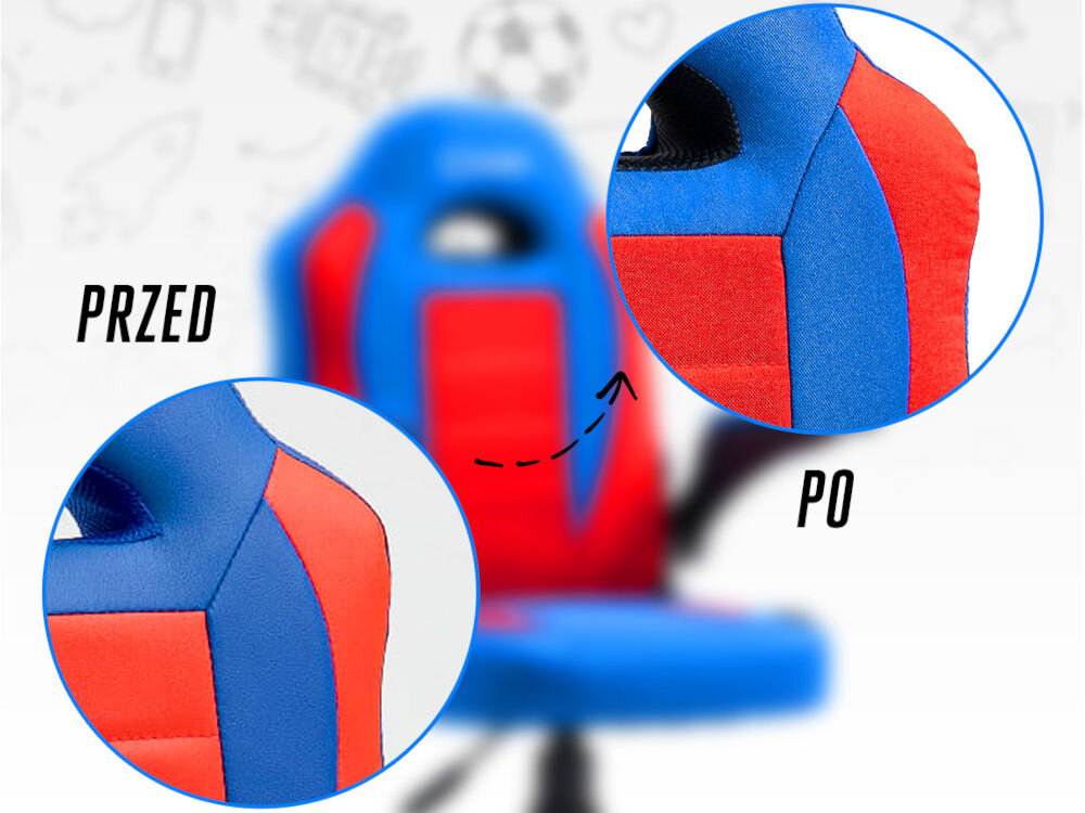 Fotel COBRA Junior Pro CRF2301 7.1T Czerwono-niebieski Porównanie dwóch zbliżeń na materiał fotela Cobra Junior PRO z opisami 'PRZED' i 'PO', wskazujące na zmianę wykończenia komfortowa tkanina przyjemna w dotyku faktura wsparcie wygody oddychanie skóry