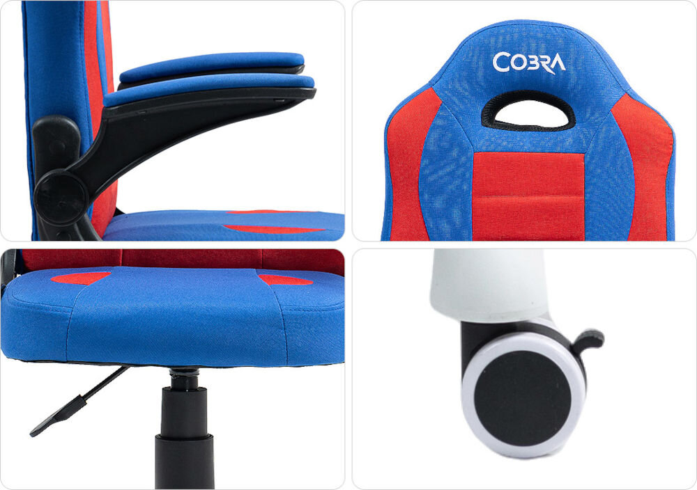 Fotel COBRA Junior Pro CRF2301 7.1T Czerwono-niebieski Kolaż czterech zdjęć: podłokietnik fotela gamingowego Cobra Junior (góra-lewo), logo Cobra na zagłówku (góra-prawo), element sterujący pod siedziskiem (dół-lewo) oraz plastikowe kółko (dół-prawo) niska waga krok do samodzielności dziecka plastikowe kółka płynne poruszanie się szybka zmiana pozycji