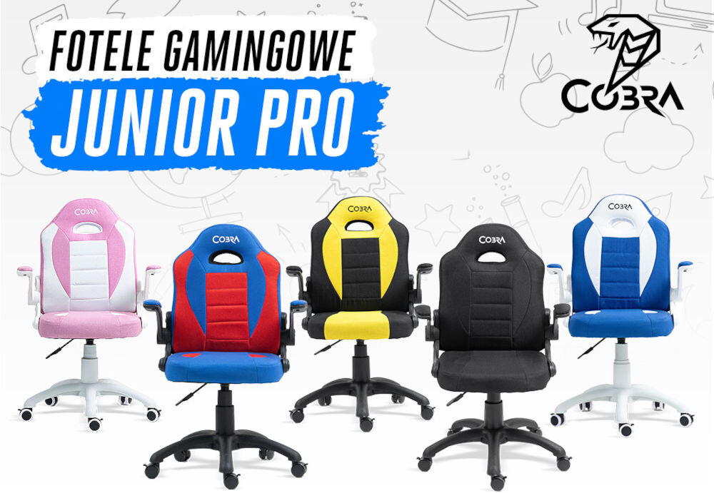 Fotel COBRA Junior Pro CRF2306 7.1T Czarny Pięć foteli gamingowych Cobra Junior PRO w różnych kolorach (różowy, niebiesko-czerwony, żółto-czarny, czarny, biało-niebieski) ustawionych w rzędzie, z napisem 'Fotele Gamingowe Junior PRO' i logo Cobra w tle paleta możliwości szeroki wybór kolorystyki dopasowanie do wnętrza