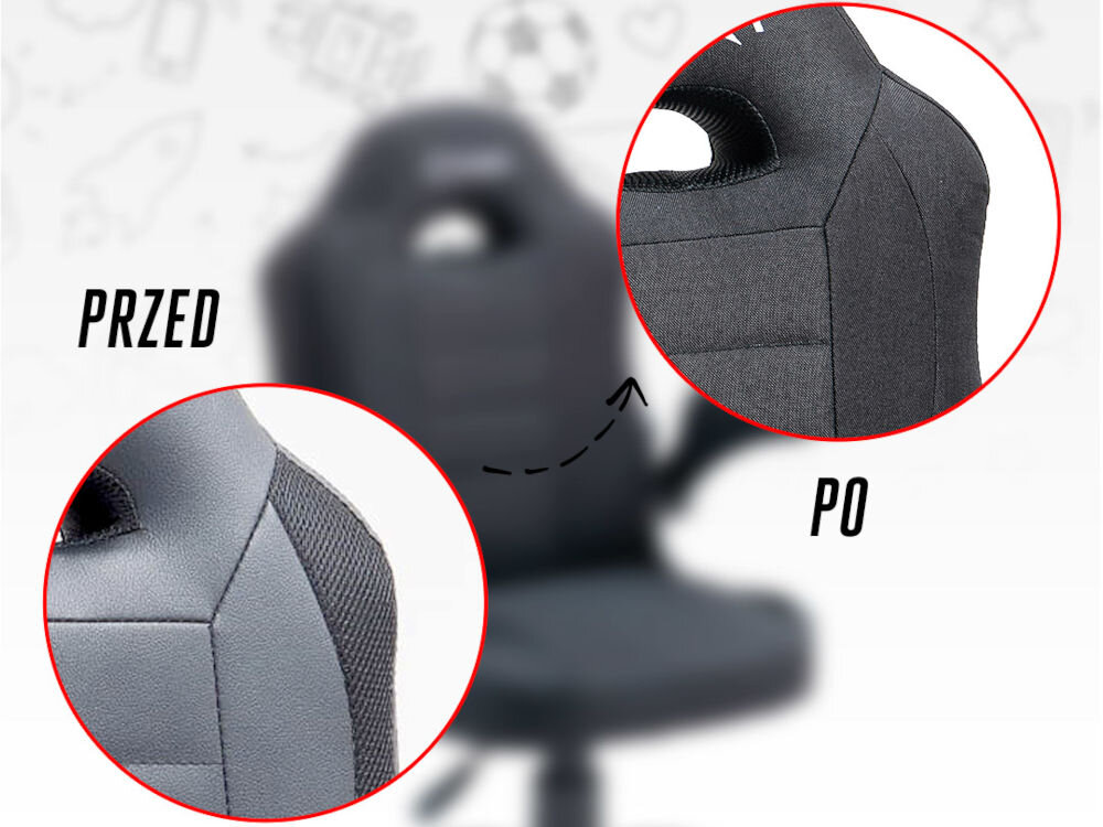 Fotel COBRA Junior Pro CRF2306 7.1T Czarny Porównanie dwóch zbliżeń na materiał fotela Cobra Junior PRO z opisami 'PRZED' i 'PO', wskazujące na zmianę wykończenia komfortowa tkanina przyjemna w dotyku faktura wsparcie wygody oddychanie skóry