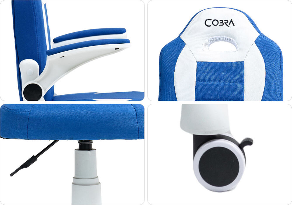Fotel COBRA Junior Pro CRF2305 7.1T Niebiesko-biały Kolaż czterech zdjęć: podłokietnik fotela gamingowego Cobra Junior (góra-lewo), logo Cobra na zagłówku (góra-prawo), element sterujący pod siedziskiem (dół-lewo) oraz plastikowe kółko (dół-prawo) niska waga krok do samodzielności dziecka plastikowe kółka płynne poruszanie się szybka zmiana pozycji