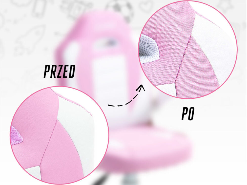 Fotel COBRA Junior Pro CRF2304 7.1T Różowo-biały Porównanie dwóch zbliżeń na materiał fotela Cobra Junior PRO z opisami 'PRZED' i 'PO', wskazujące na zmianę wykończenia komfortowa tkanina przyjemna w dotyku faktura wsparcie wygody oddychanie skóry