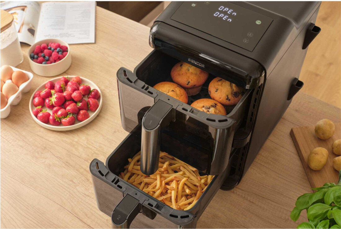 Air Fryer Frytkownica beztłuszczowa SENCOR SFR 1250BK 11.6l z podwójnym koszem, 10 automatycznymi programami i okienkiem do obserwacji postępów Moc, która oszczędza czas temperatura intensywny tryb życia