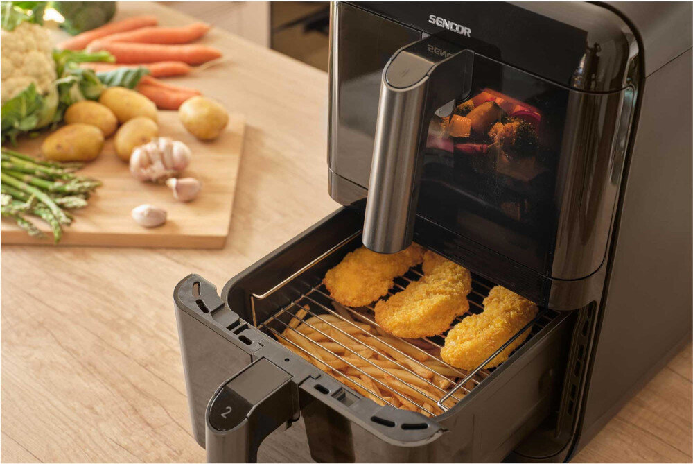 Air Fryer Frytkownica beztłuszczowa SENCOR SFR 1250BK 11.6l z podwójnym koszem, 10 automatycznymi programami i okienkiem do obserwacji postępów Mało tłuszczu w diecie Technologia beztłuszczowego smażenia zdrowy styl życia smak