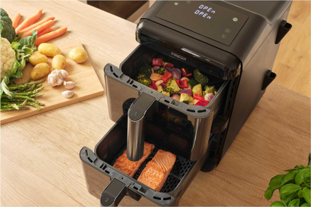 Air Fryer Frytkownica beztłuszczowa SENCOR SFR 1250BK 11.6l z podwójnym koszem, 10 automatycznymi programami i okienkiem do obserwacji postępów Duże porcje Dwa kosze pojemność posiłki gotowanie