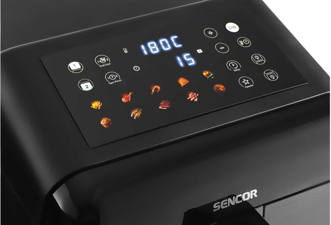Air Fryer Frytkownica beztłuszczowa SENCOR SFR 1250BK 11.6l z podwójnym koszem, 10 automatycznymi programami i okienkiem do obserwacji postępów Wygoda i bezpieczeństwo Timer z automatycznym wyłączaniem