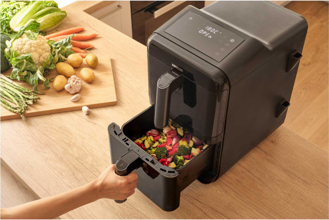 Air Fryer Frytkownica beztłuszczowa SENCOR SFR 1250BK 11.6l z podwójnym koszem, 10 automatycznymi programami i okienkiem do obserwacji postępów Gotowanie bez wysiłku Dziesięć wbudowanych programów automatycznych posiłki  urządzenie samo ustawia czas i temperaturę