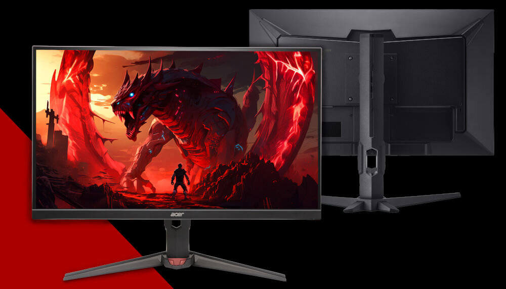 Monitor ACER XV270F5bmiiprzx 27 cali 1920x1080px IPS 520Hz 0.5 ms [GTG]  prezentacja monitora od przodu i tyłu na czarnym tle czerwony pasek po lewej stronie na dole