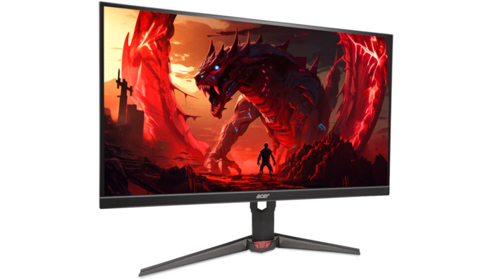 Monitor ACER XV270F5bmiiprzx 27 cali 1920x1080px IPS 520Hz 0.5 ms [GTG]  prezentacja monitora od przodu pod kątem na białym tle sRGB 99% realistyczne intensywne kolory immersja przyjemny dla oka obraz