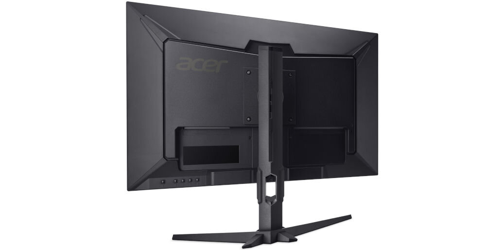 Monitor ACER XV270F5bmiiprzx 27 cali 1920x1080px IPS 520Hz 0.5 ms [GTG]  prezentacja monitora od tyłu pod kątem na białym tle regulowana podstawa zakres regulacji dostosowanie pozycji ograniczenie napięcia