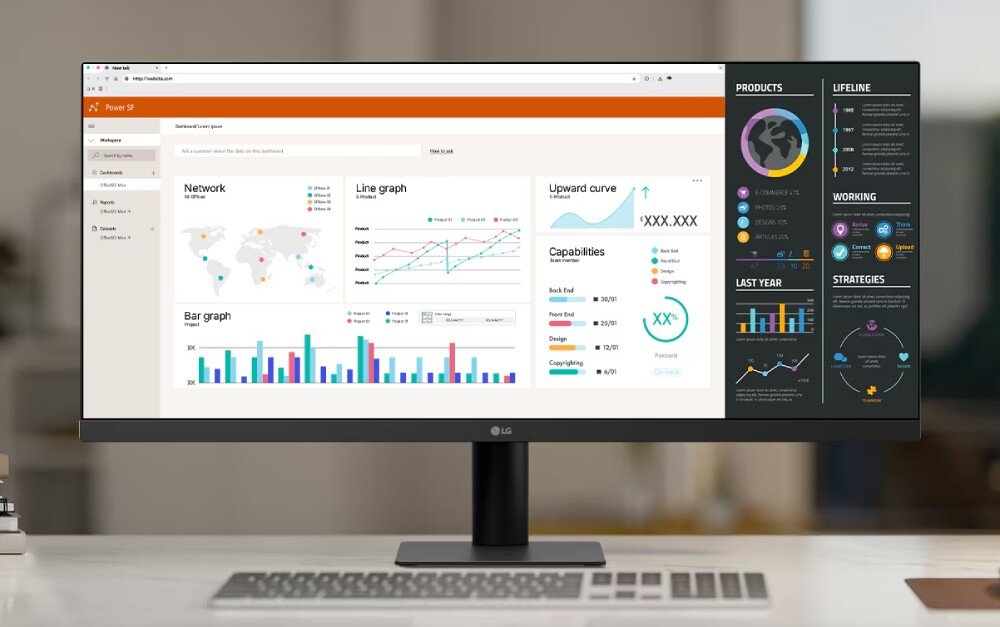 Monitor LG UltraWide 29U511A-B Szeroki monitor stojący na biurku z otwartym oknem przeglądarki pokazującym wykresy i dane analityczne na jasnym tle oraz kolorowe infografiki po prawej stronie ekranu