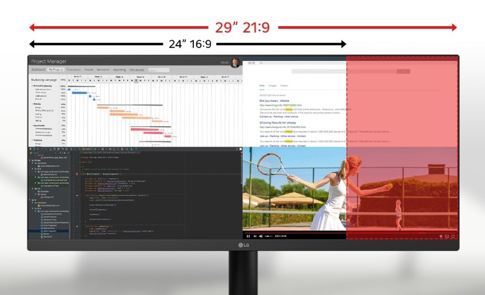 Monitor LG UltraWide 29U511A-B Obraz monitora z zaznaczonym porównaniem szerokości między ekranem 29 cali o proporcjach 21:9 a ekranem 24 cale 16:9, z widocznymi wykresami i oknem wideo