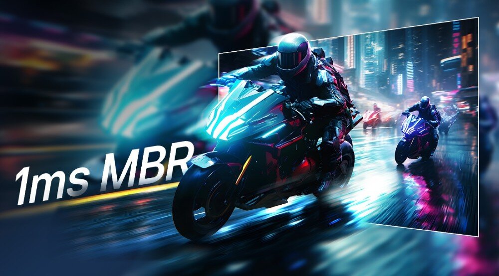 Monitor LG UltraWide 29U511A-B Grafika przedstawiająca dynamiczną scenę z motocyklistami jadącymi nocą wśród świateł miasta oraz napis '1ms MBR' symbolizujący redukcję rozmycia ruchu
