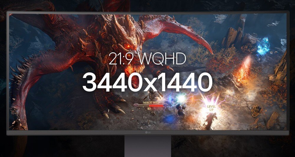 Monitor LG UltraGear 34G600A-B Szeroki ekran wyświetlający scenę z gry fantasy ze smokiem oraz duży biały napis informujący o proporcjach i rozdzielczości obrazu, rozdzielczość, format, przekątna, matryca