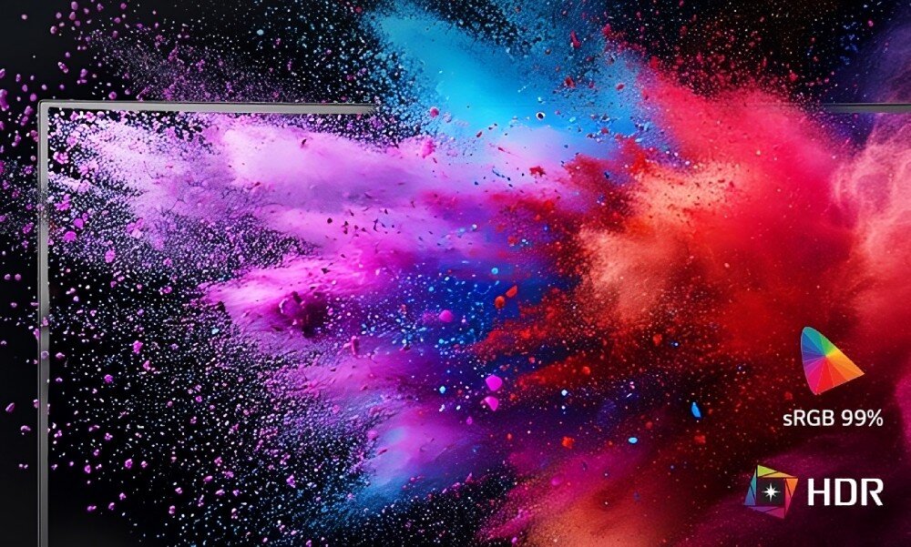 Monitor LG UltraGear 34G600A-B Fragment matrycy wyświetlający kolorowe pigmenty z symbolami potwierdzającymi pokrycie palety barw i obsługę szerokiego zakresu dynamiki, kolory, odwzorowanie barw, HDR