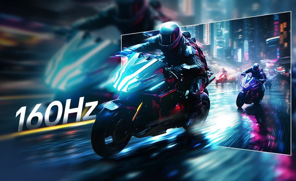 Monitor LG UltraGear 34G600A-B Monitor z dynamicznym ujęciem motocyklisty w mieście science fiction i dużym napisem '160Hz' po lewej stronie, odświeżanie, płynność, czas reakcji