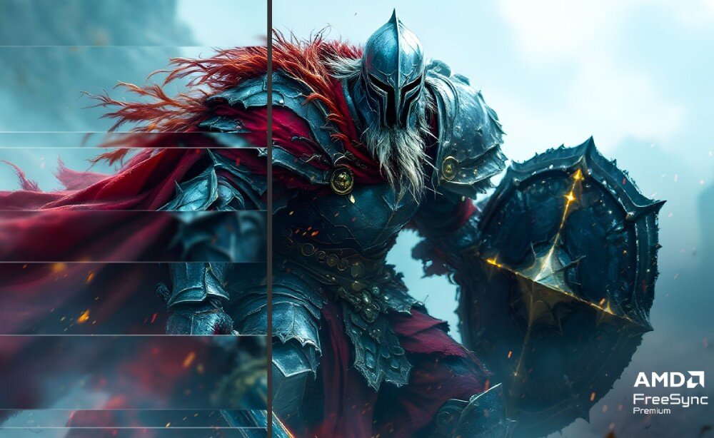 Monitor LG UltraGear 34G600A-B Podzielony obraz z postacią w zbroi ilustrujący efekt rozrywania klatki po lewej i płynną grafikę po prawej z logo technologii synchronizacji, synchronizacja, FreeSync