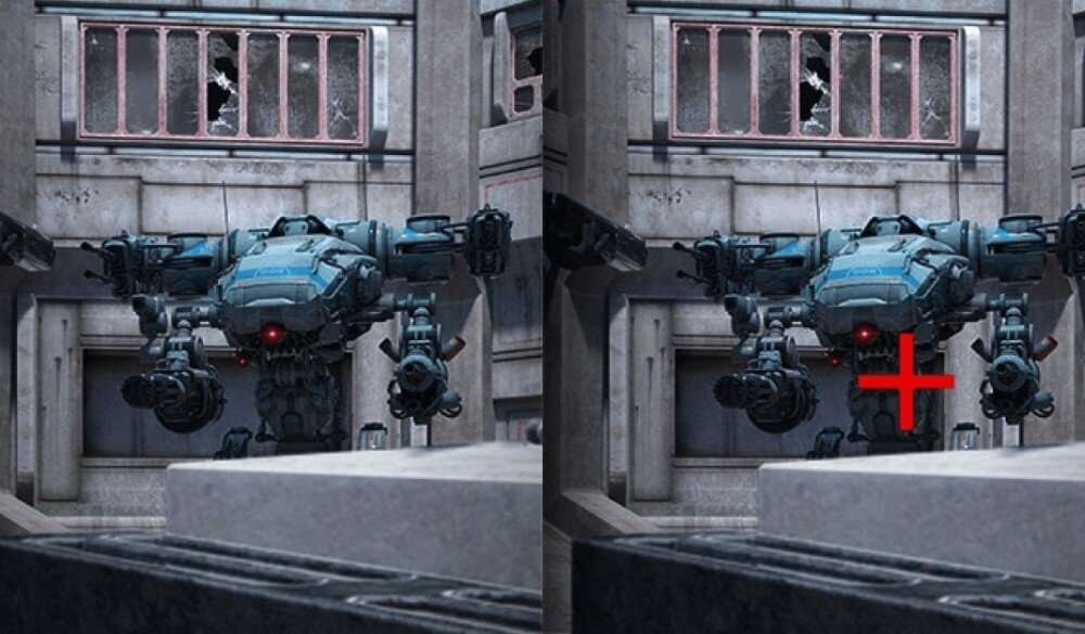 Monitor LG UltraGear 34G600A-B Dwa kadry z gry z mechem bojowym pokazujące różnicę między obrazem standardowym a tym z włączonym czerwonym celownikiem na środku, funkcje, narzędzia