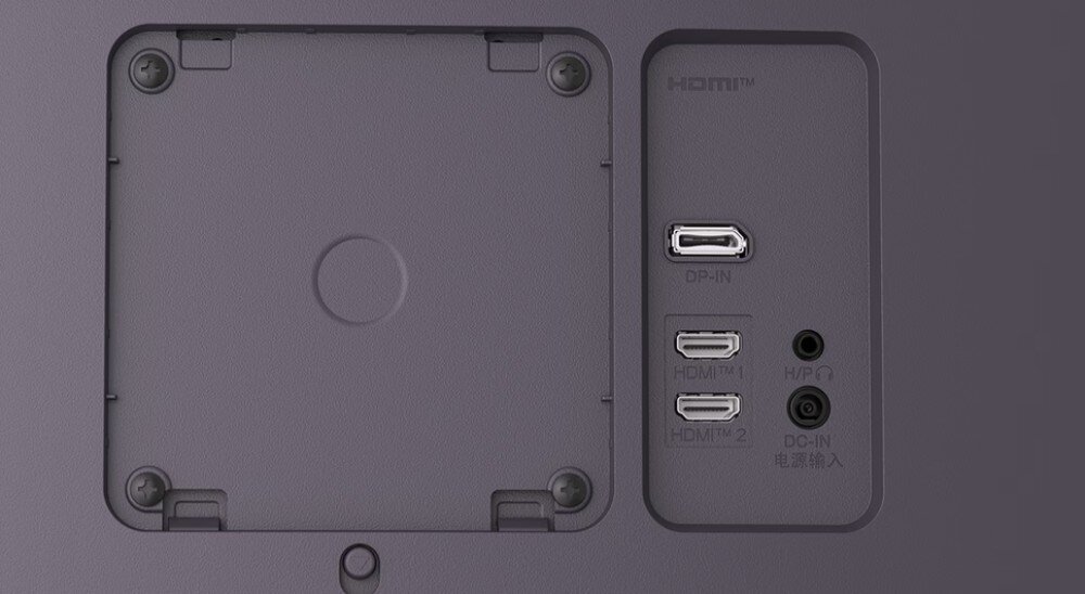 Monitor LG UltraGear 34G600A-B Zbliżenie tylnego panelu urządzenia ukazujące kwadratowy standard montażowy oraz pionowy rząd portów połączeniowych, porty, podłączenie