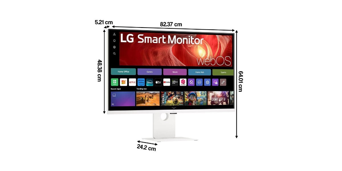 Monitor LG Smart 37U730SA-W na białym tle - wymiary monitora.