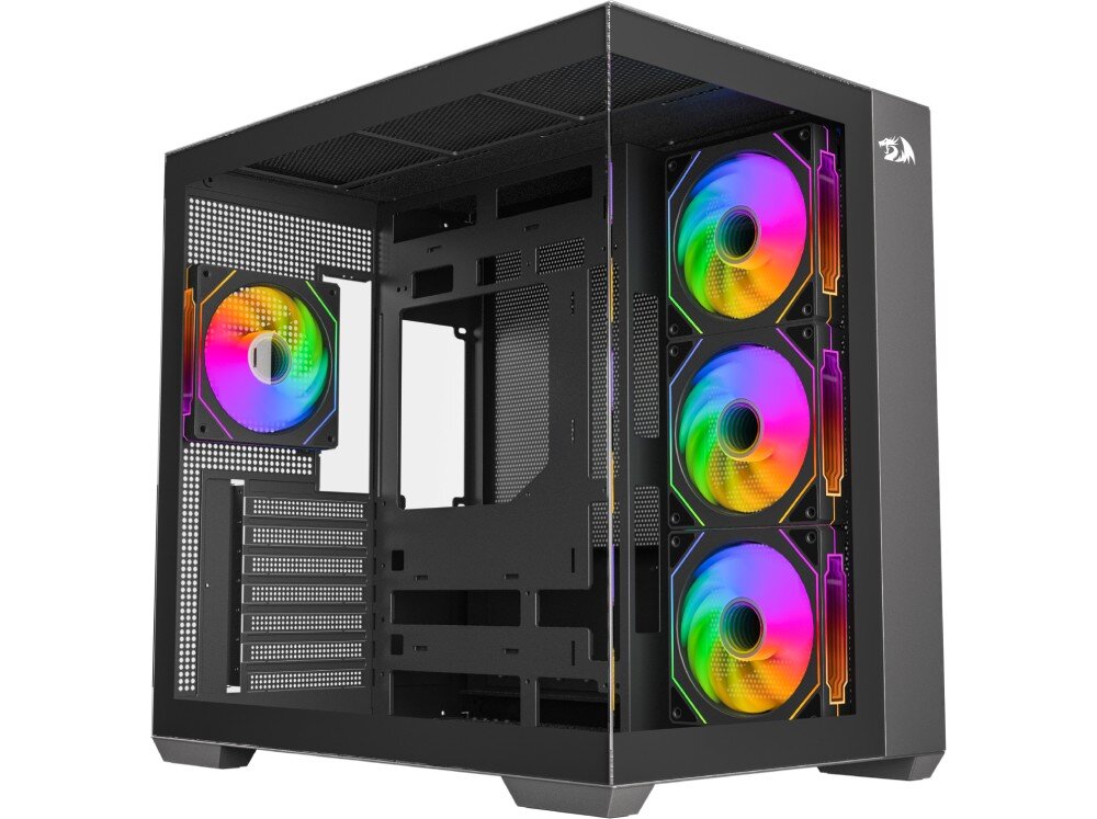 Obudowa REDRAGON GC-623-PRO EVO ARGB Czarna obudowa komputerowa z dużym panelem z hartowanego szkła, widoczna od przodu i boku, wyposażona w trzy przednie wentylatory ARGB oraz jeden tylny wentylator ARGB, opis
