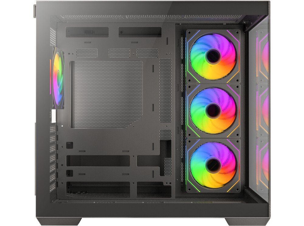 Obudowa REDRAGON GC-623-PRO EVO ARGB Wnętrze obudowy komputerowej z panelem bocznym z hartowanego szkła, na którym zamontowano trzy wentylatory ARGB z przodu i jeden wentylator ARGB z tyłu, przeznaczenie, kompatybilność, podzespoły