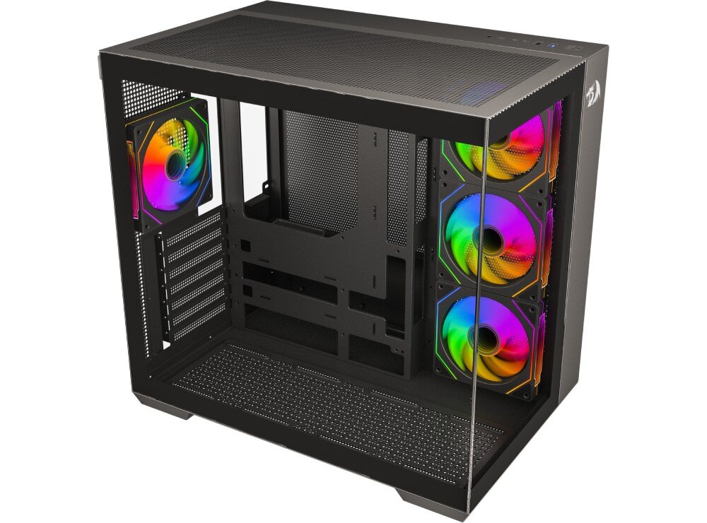 Obudowa REDRAGON GC-623-PRO EVO ARGB Obudowa komputerowa z perspektywy ukośnej, z trzema przednimi wentylatorami ARGB i jednym tylnym, widoczna górna perforowana część obudowy, szklane panele, widoczność, podświetlenie