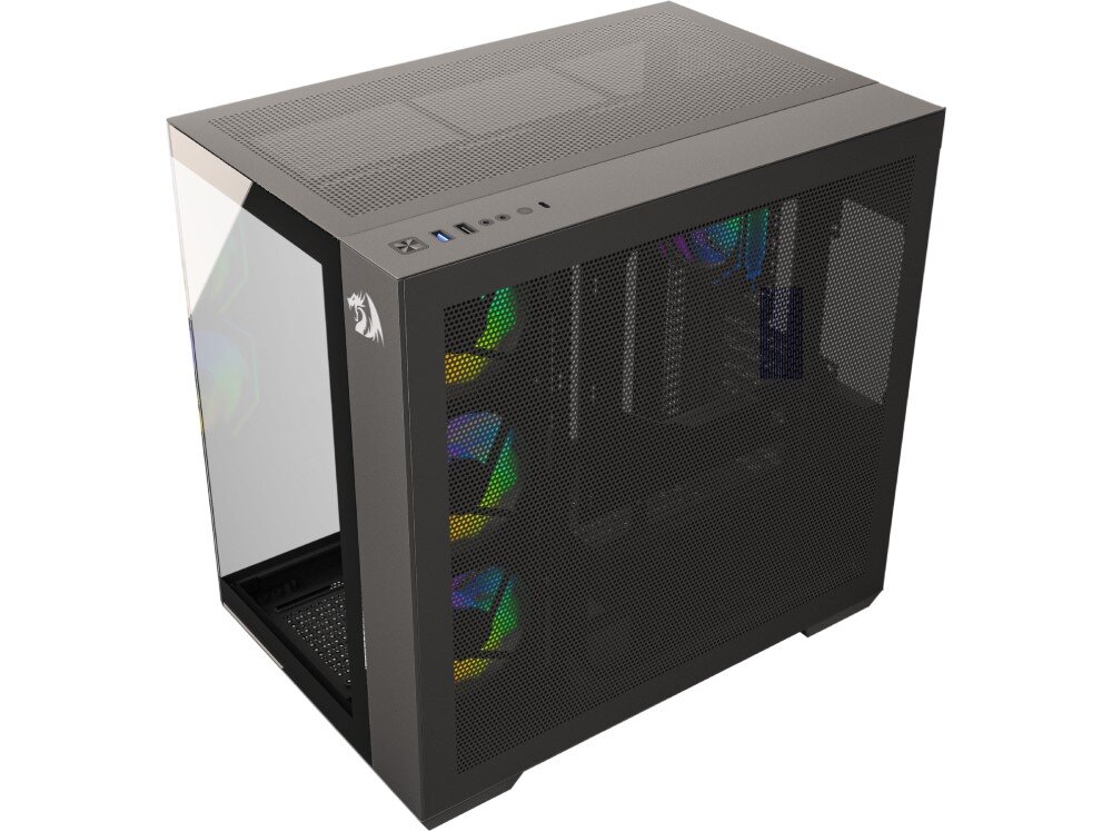 Obudowa REDRAGON GC-623-PRO EVO ARGB Czarna obudowa komputerowa z widocznym panelem bocznym z hartowanego szkła i górnym panelem z perforacją, na froncie umieszczono logo smoka oraz panel wejść USB i audio, chłodzenie, miejsce na wentylatory, montaż chłodzenia wodnego