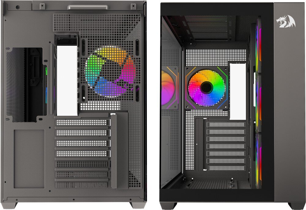 Obudowa REDRAGON GC-623-PRO EVO ARGB Tył i bok obudowy komputerowej, widoczny tylny wentylator ARGB oraz trzy przednie wentylatory ARGB przez panel z hartowanego szkła, porty, złącza, miejsce na dyski, przyciski