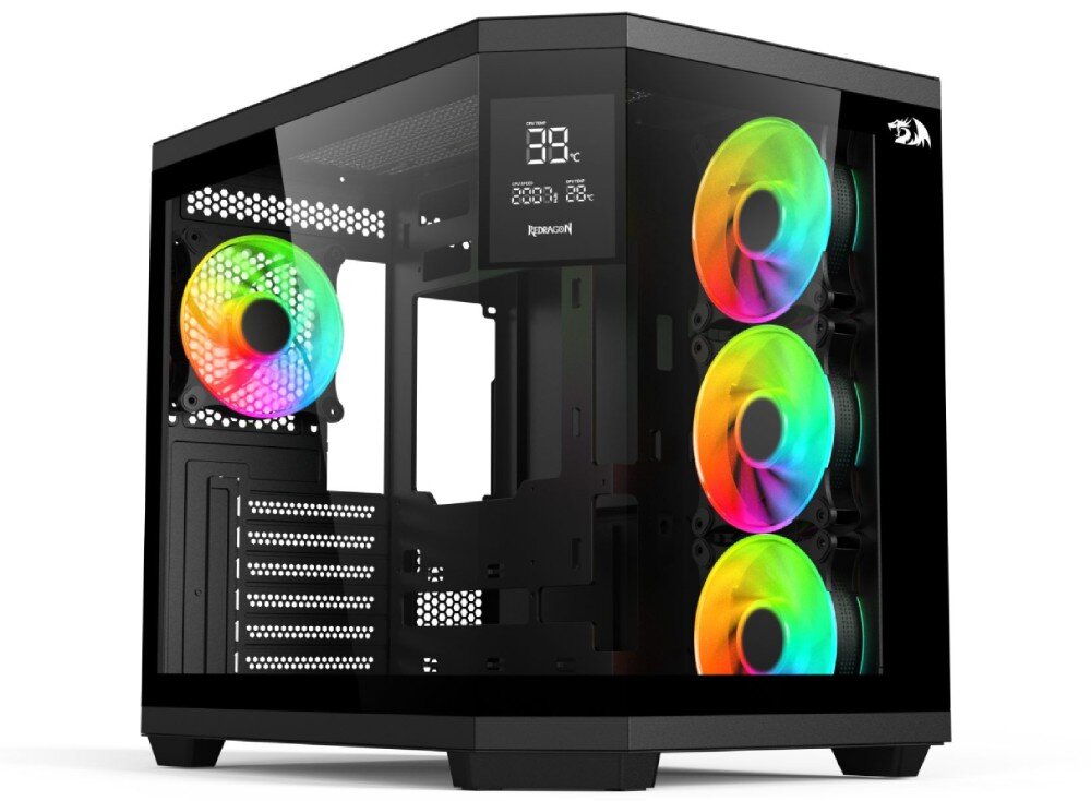 Obudowa REDRAGON GC-625-PRO Vision ARGB Widok obudowy z lewej strony z przezroczystym panelem szklanym, trzema wentylatorami ARGB z przodu i jednym wentylatorem ARGB z tyłu, na froncie widoczny wyświetlacz LCD, opis