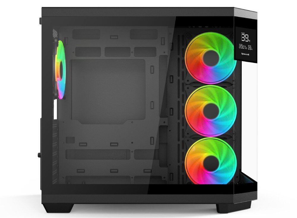 Obudowa REDRAGON GC-625-PRO Vision ARGB Widok obudowy z lewej strony z dużym panelem szklanym, trzema wentylatorami ARGB z przodu i jednym wentylatorem ARGB z tyłu, wewnątrz pusta przestrzeń montażowa, typ, wielkość, kompatybilność, podzespoły