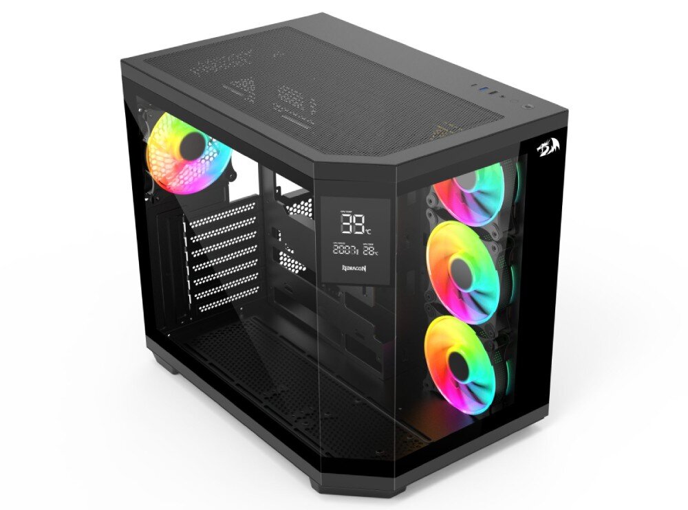 Obudowa REDRAGON GC-625-PRO Vision ARGB Widok obudowy z góry i pod kątem, widoczna perforacja na górnym panelu, z przodu trzy wentylatory ARGB i wyświetlacz LCD, z tyłu pojedynczy wentylator ARGB, wyświetlacz LCD, informacje