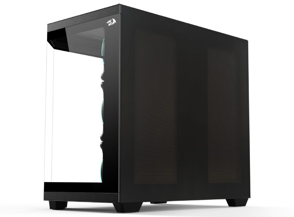 Obudowa REDRAGON GC-625-PRO Vision ARGB Tył i prawa strona obudowy, prawa strona pełna z dużymi otworami wentylacyjnymi, lewy bok z panelem szklanym i podświetlonymi wentylatorami z przodu, chłodzenie, wentylatory, chłodzenie wodne