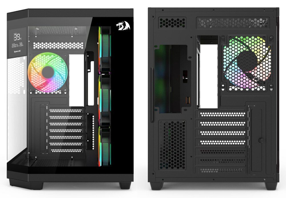 Obudowa REDRAGON GC-625-PRO Vision ARGB Widok obudowy od przodu i od tyłu, na froncie panel szklany z wyświetlaczem LCD i trzema wentylatorami ARGB, z tyłu pojedynczy wentylator ARGB i siedem slotów rozszerzeń, porty, filtry przeciwkurzowe, system aranżacji kabli