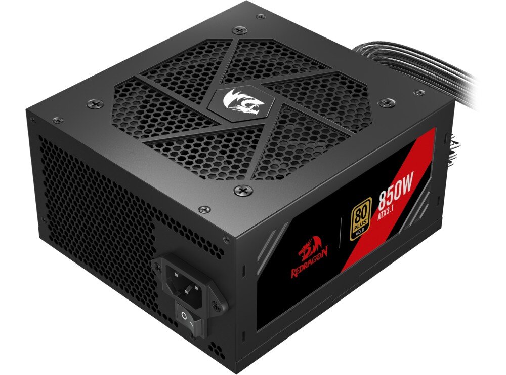 Zasilacz REDRAGON GC-PS007-SE 850W 80 Plus Gold Czarny zasilacz komputerowy z widocznym wentylatorem w kształcie sześciokąta, logo smoka na środku oraz boczną etykietą z informacjami o mocy 850W i certyfikacie 80 Plus Gold, opis