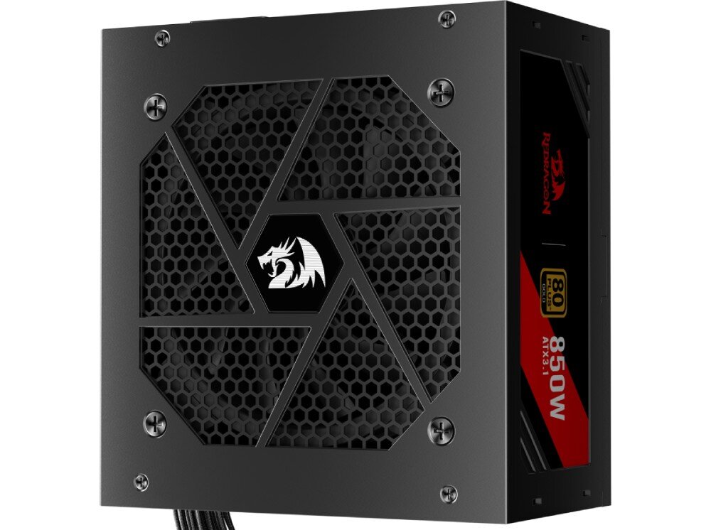 Zasilacz REDRAGON GC-PS007-SE 850W 80 Plus Gold Widok z góry na czarną obudowę zasilacza z sześciokątnym otworem wentylacyjnym, przez który widać siatkę wentylatora oraz białe logo smoka, certyfikat, sprawność, aktywny PFC, napięcie