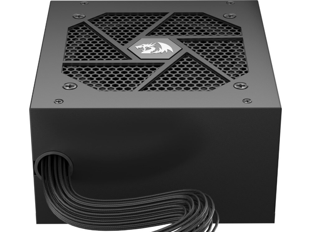 Zasilacz REDRAGON GC-PS007-SE 850W 80 Plus Gold Tył zasilacza komputerowego z wychodzącymi przewodami w czarnym oplocie oraz płaską powierzchnią obudowy, wymiary, obudowa, przewody, przełącznik