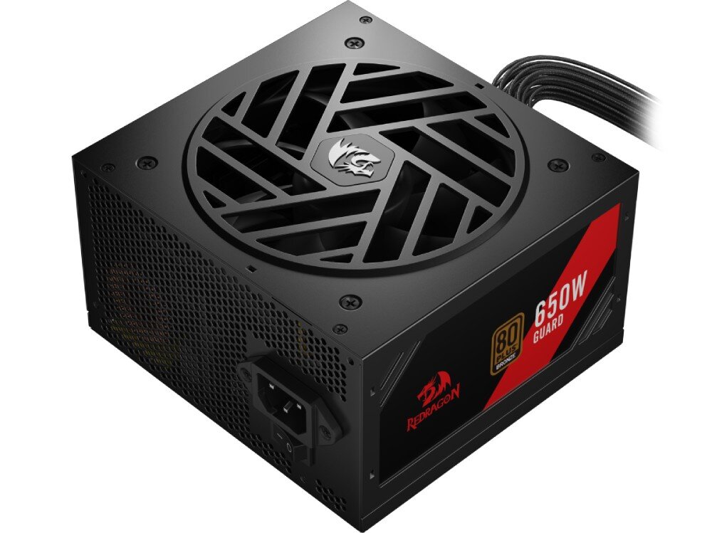 Zasilacz REDRAGON Guard GC-GU02 Czarno-czerwony zasilacz komputerowy z widocznym wentylatorem 120 mm w górnej części oraz oplecionymi przewodami wychodzącymi z obudowy, opis