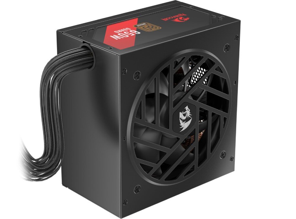 Zasilacz REDRAGON Guard GC-GU02 Widok zasilacza ustawionego pionowo, z boku widoczne wyprowadzone przewody oraz wentylator z logotypem smoka na środku, wentylator, przepływ powietrza