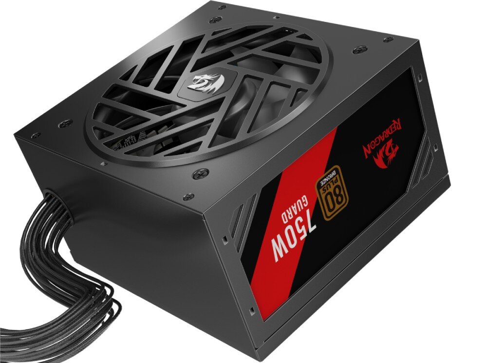 Zasilacz REDRAGON Guard GC-GU03 Zasilacz w ujęciu z góry z dużym wentylatorem osłoniętym kratką w geometryczny wzór i czerwonym oznaczeniem mocy 550 W, złącza, przewody, długość