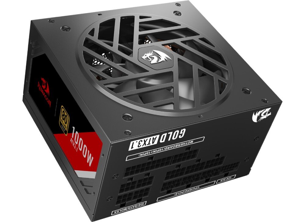 Zasilacz REDRAGON Master GC-MS03 Czarny zasilacz z dużym wentylatorem w górnej części, widoczna kratka w kształcie geometrycznych linii oraz naklejka z oznaczeniem '1000W', 'ATX 3.1' i '80 Plus Gold', opis