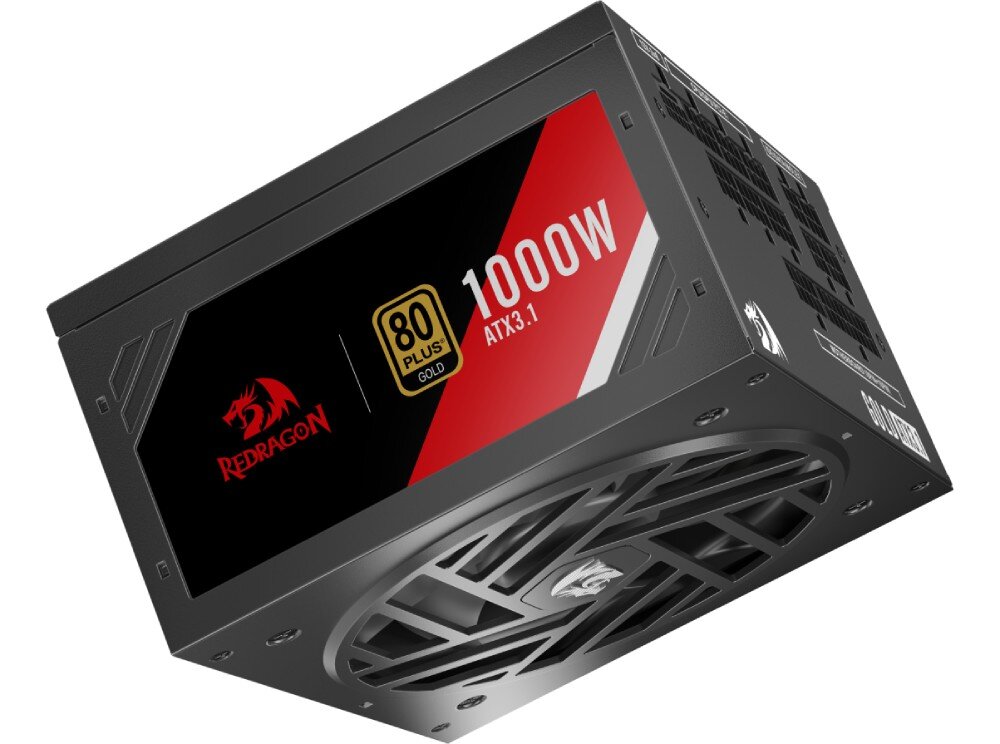 Zasilacz REDRAGON Master GC-MS03 Widok zasilacza od boku z czerwoną i czarną naklejką z logo smoka, napisem '1000W', 'ATX 3.1' i oznaczeniem '80 Plus Gold', widoczna część wentylatora i modularne gniazda kabli, moc, standard, modularne okablowanie