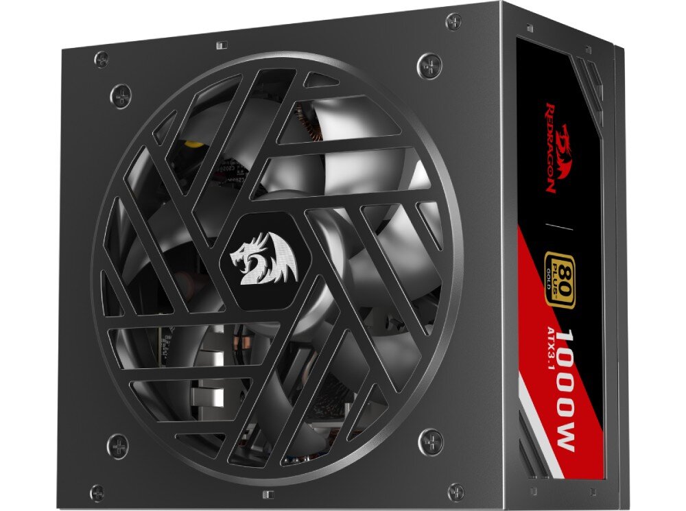 Zasilacz REDRAGON Master GC-MS03 Zbliżenie na wentylator zasilacza osłonięty kratką w kształcie geometrycznych wzorów, w centrum logo smoka, po prawej stronie widoczna naklejka z parametrami, certyfikat, układ PFC