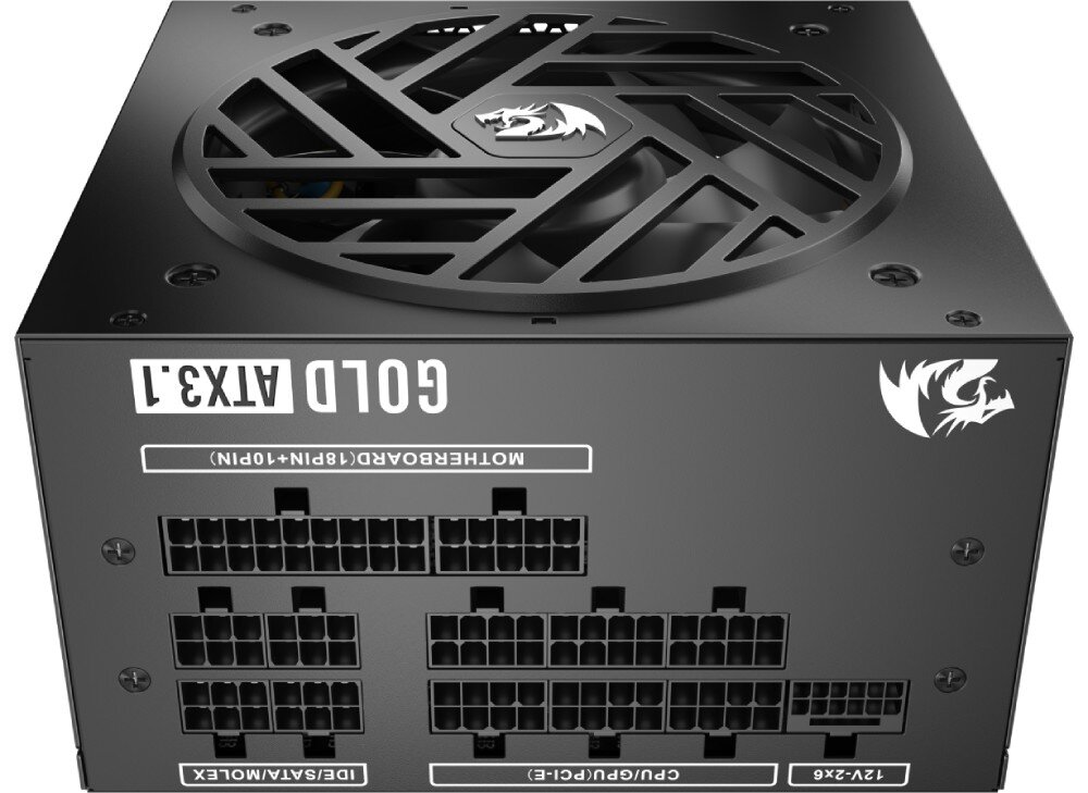 Zasilacz REDRAGON Master GC-MS03 Tylny panel zasilacza z szeregiem modularnych gniazd na przewody opisanych, nad nimi wentylator z charakterystyczną osłoną i logo smoka, porty, złącza