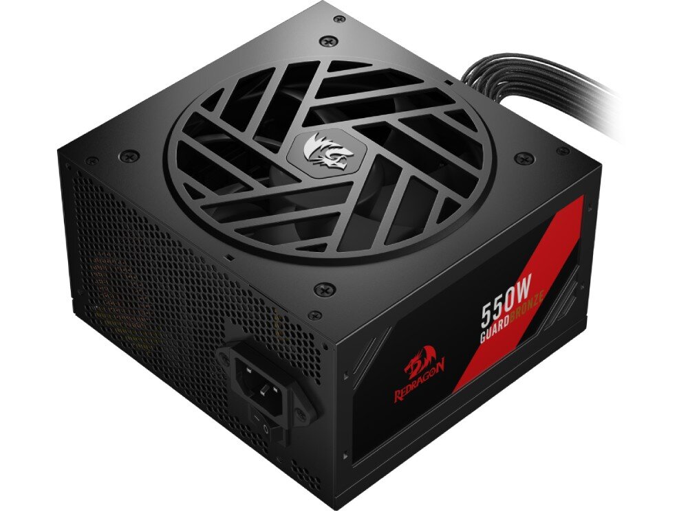 Zasilacz REDRAGON Guard GC-GU01 Czarno-czerwony zasilacz komputerowy z widocznym wentylatorem 120 mm w górnej części oraz oplecionymi przewodami wychodzącymi z obudowy, opis