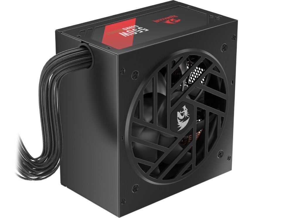 Zasilacz REDRAGON Guard GC-GU01 Widok zasilacza ustawionego pionowo, z boku widoczne wyprowadzone przewody oraz wentylator z logotypem smoka na środku, wentylator, przepływ powietrza