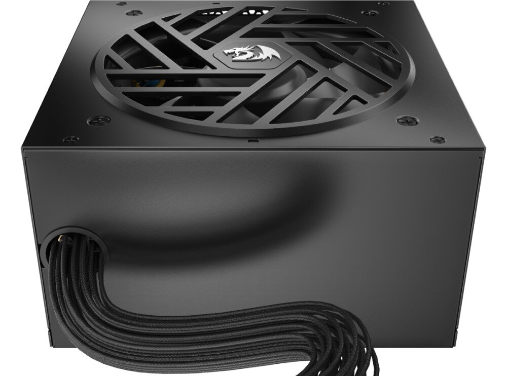 Zasilacz REDRAGON Guard GC-GU01 Tylny widok zasilacza z wyprowadzonymi oplecionymi przewodami i górną kratką wentylacyjną z centralnym logo smoka, wymiary, standard, napięcie, wygląd